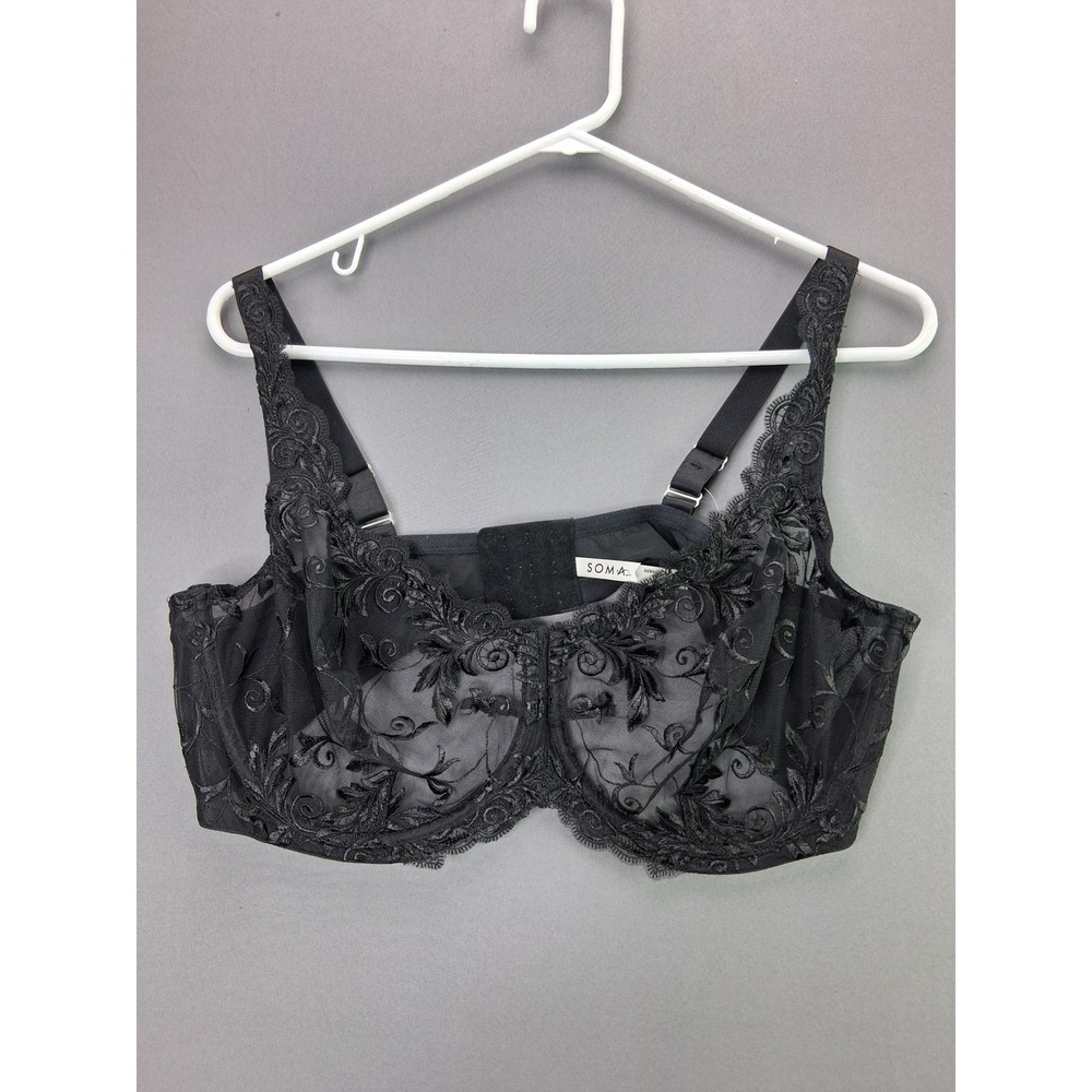 Soma Bra Sensuous Lace Unlined 44D Black Sheer Floral Underwire NWT